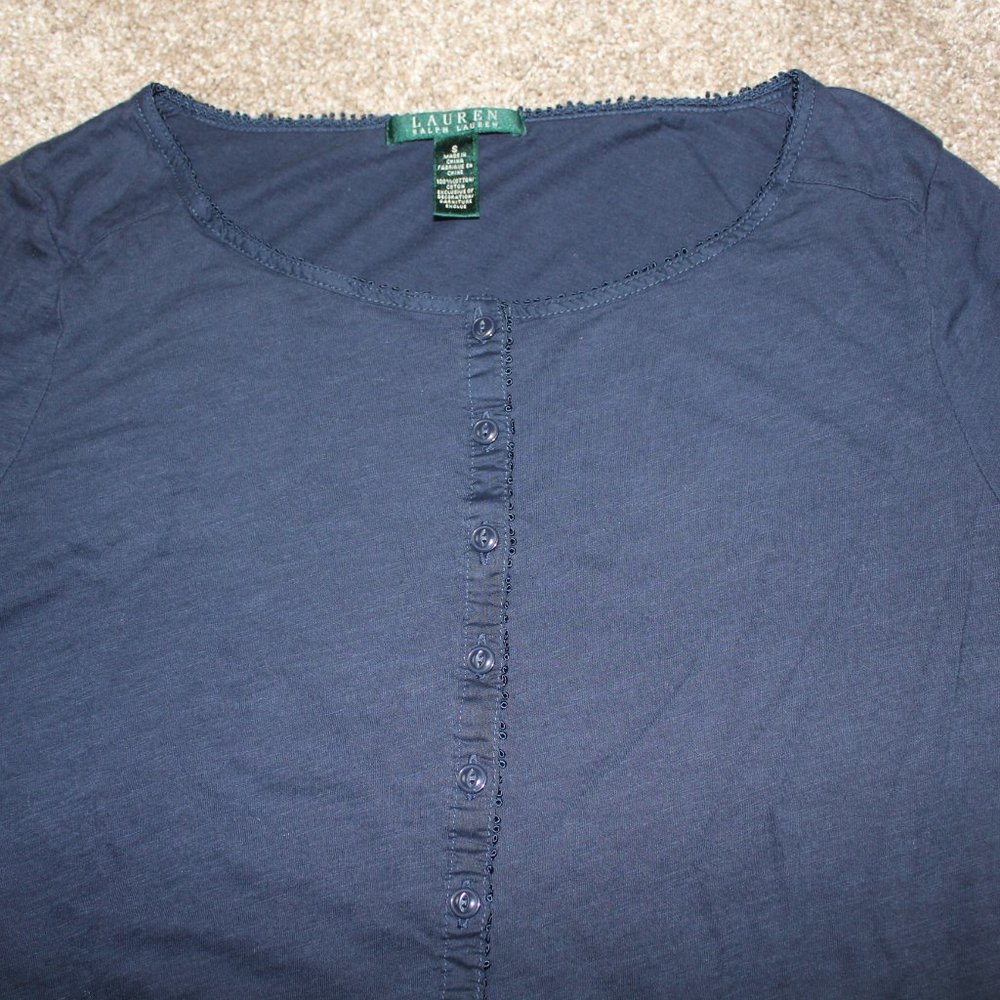 Lauren Ralph Lauren Navy Blue Tunic Top Drawstring Button Womens Size S Small - Picture 3 of 5